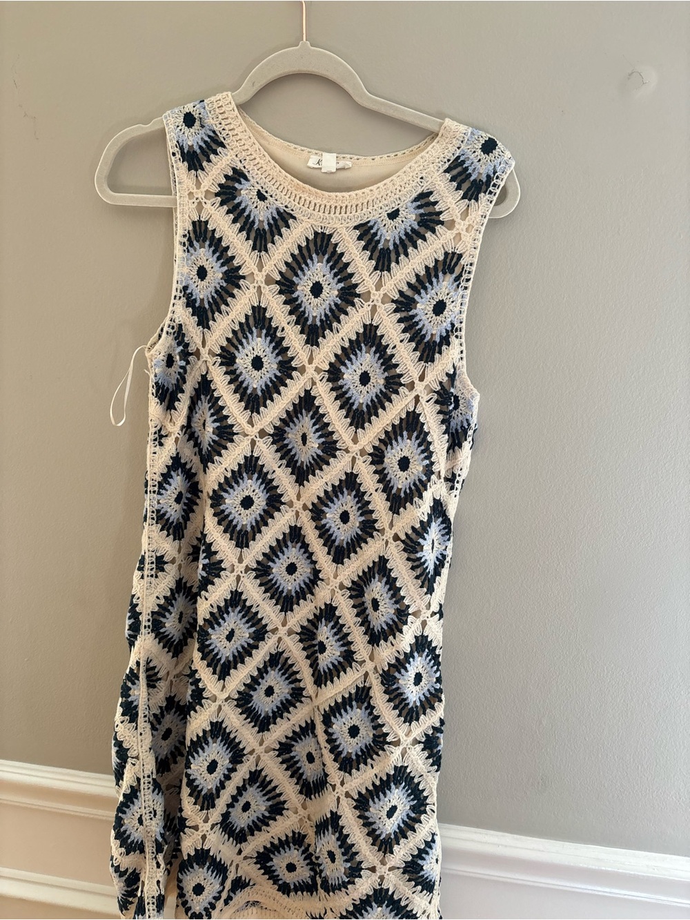 Crochet Diamond Tank Dress in Cream and Navy